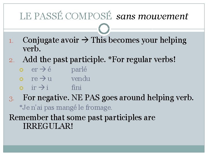 LE PASSÉ COMPOSÉ sans mouvement Conjugate avoir This becomes your helping verb. 2. Add