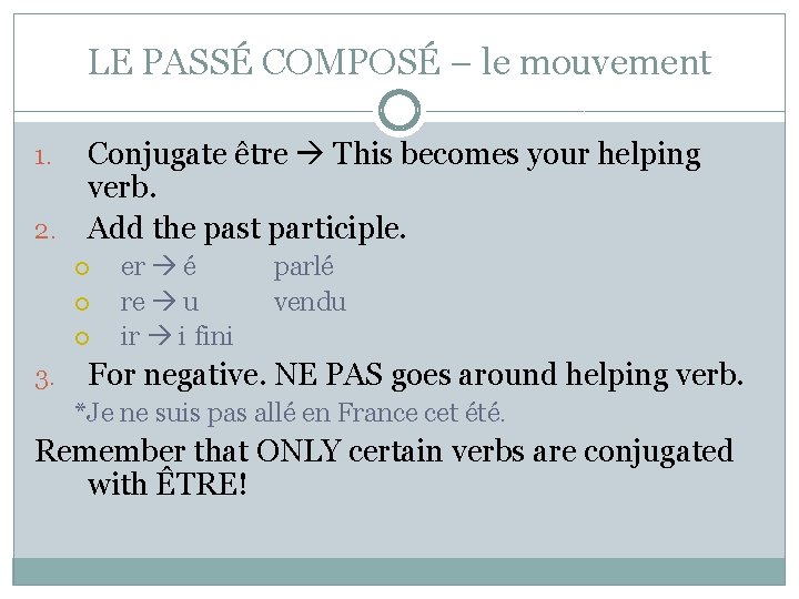 LE PASSÉ COMPOSÉ – le mouvement Conjugate être This becomes your helping verb. 2.