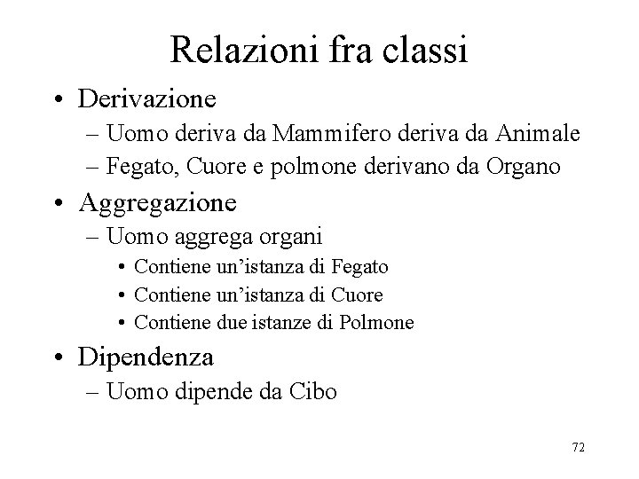 Relazioni fra classi • Derivazione – Uomo deriva da Mammifero deriva da Animale –