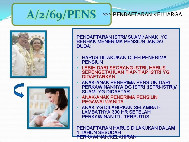 >>> PENDAFTARAN KELUARGA PENDAFTARAN ISTRI/ SUAMI/ ANAK YG BERHAK MENERIMA PENSIUN JANDA/ DUDA: •