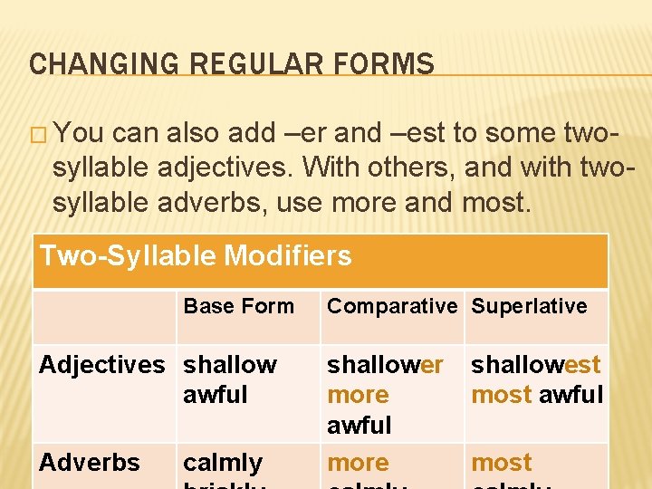 CHANGING REGULAR FORMS � You can also add –er and –est to some twosyllable