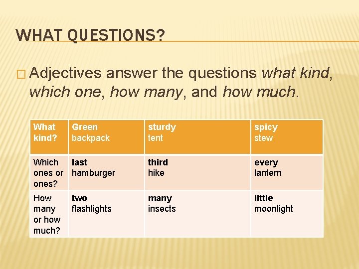 WHAT QUESTIONS? � Adjectives answer the questions what kind, which one, how many, and