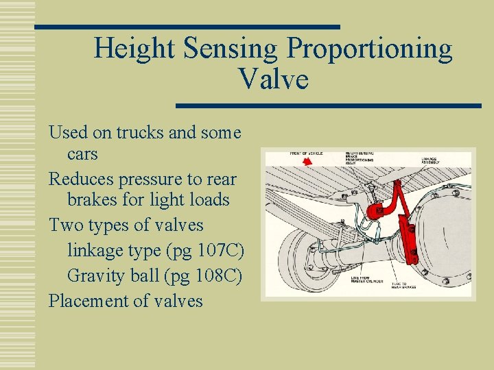 Height Sensing Proportioning Valve Used on trucks and some cars Reduces pressure to rear