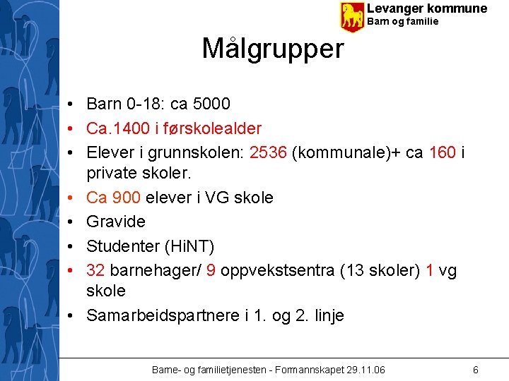 Levanger kommune Barn og familie Målgrupper • Barn 0 -18: ca 5000 • Ca.