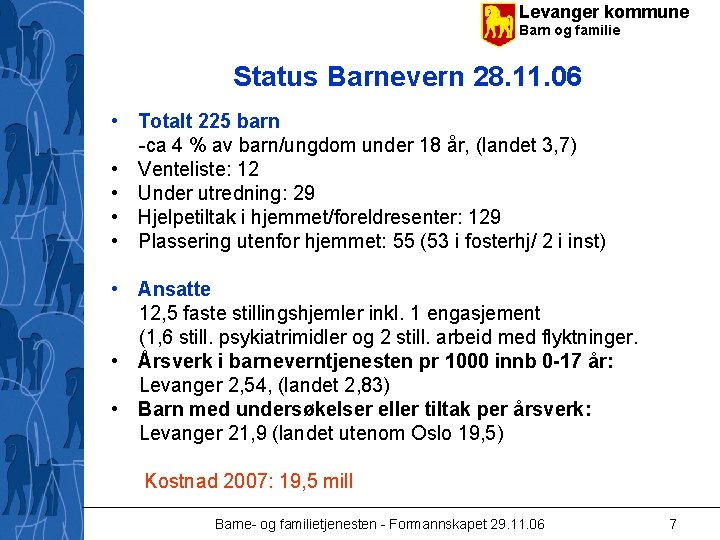 Levanger kommune Barn og familie Status Barnevern 28. 11. 06 • Totalt 225 barn