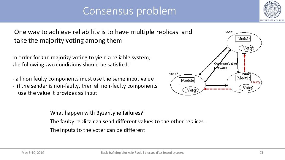 Consensus problem One way to achieve reliability is to have multiple replicas and take Consensus problem One way to achieve reliability is to have multiple replicas and take