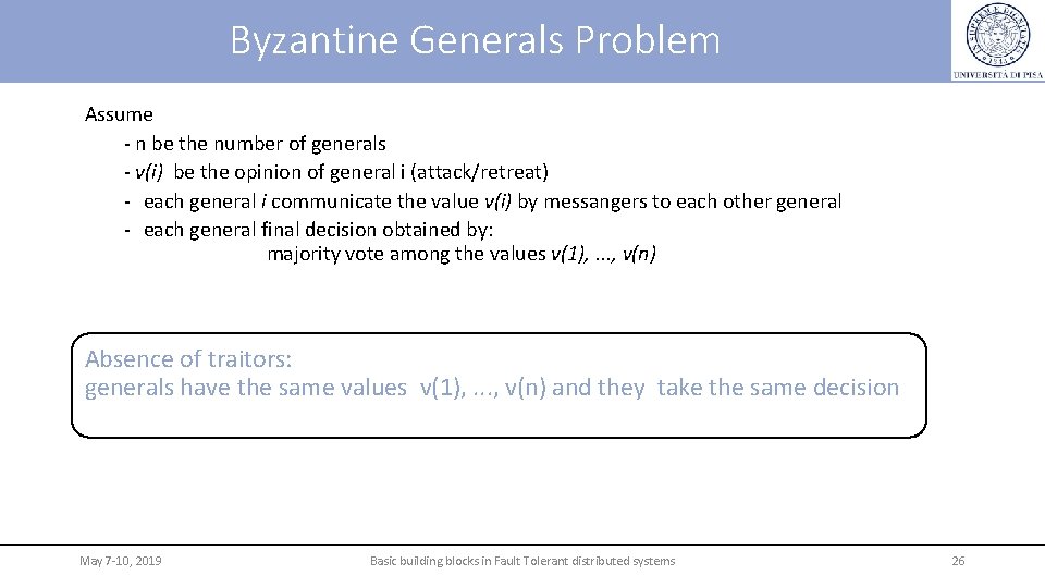 Byzantine Generals Problem Assume - n be the number of generals - v(i) be Byzantine Generals Problem Assume - n be the number of generals - v(i) be