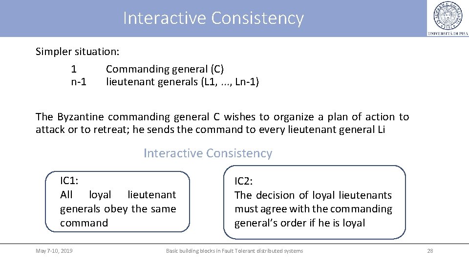 Interactive Consistency Simpler situation: 1 Commanding general (C) n-1 lieutenant generals (L 1, . Interactive Consistency Simpler situation: 1 Commanding general (C) n-1 lieutenant generals (L 1, .