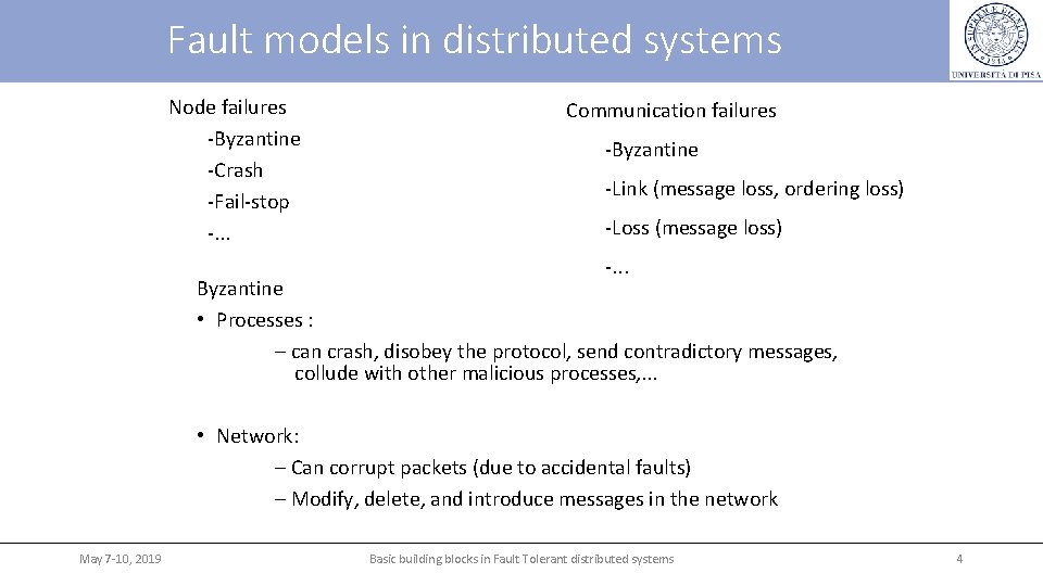Fault models in distributed systems Node failures -Byzantine -Crash -Fail-stop -. . . Communication Fault models in distributed systems Node failures -Byzantine -Crash -Fail-stop -. . . Communication