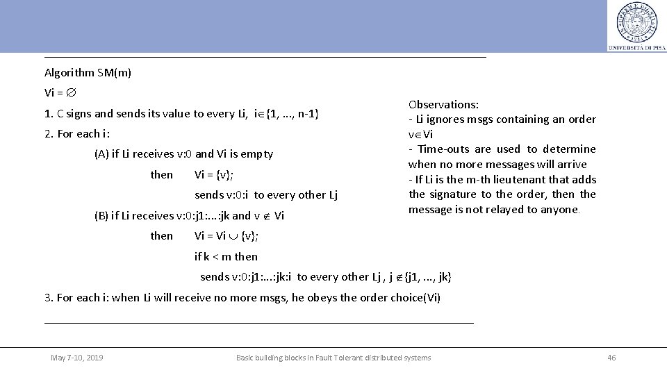 ____________________________________ Algorithm SM(m) Vi = Æ 1. C signs and sends its value to ____________________________________ Algorithm SM(m) Vi = Æ 1. C signs and sends its value to