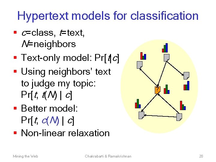 Hypertext models for classification § c=class, t=text, N=neighbors § Text-only model: Pr[t|c] § Using