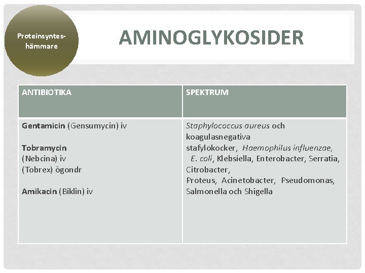 Proteinsynteshämmare AMINOGLYKOSIDER ANTIBIOTIKA SPEKTRUM Gentamicin (Gensumycin) iv Staphylococcus aureus och koagulasnegativa stafylokocker,  Haemophilus influenzae,