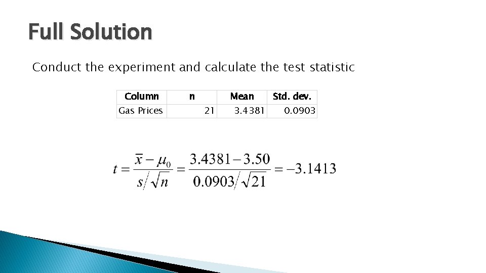 Full Solution Conduct the experiment and calculate the test statistic Column Gas Prices n