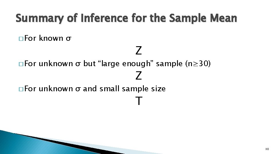 Summary of Inference for the Sample Mean � For known σ � For unknown