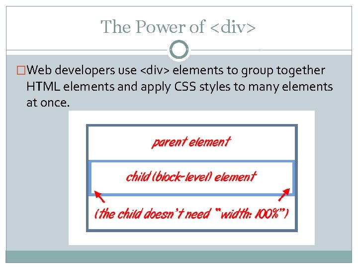 The Power of <div> �Web developers use <div> elements to group together HTML elements