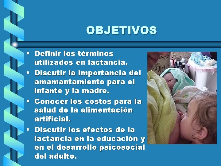 OBJETIVOS • Definir los términos utilizados en lactancia. • Discutir la importancia del amamantamiento