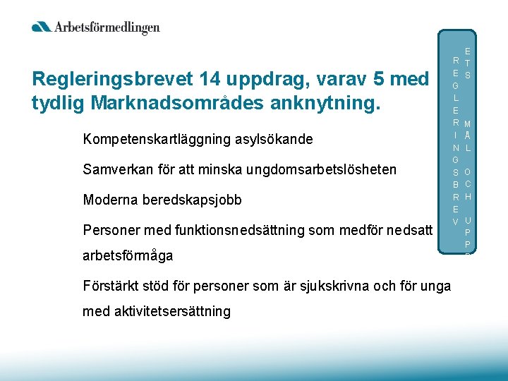  Regleringsbrevet 14 uppdrag, varav 5 med tydlig Marknadsområdes anknytning. Kompetenskartläggning asylsökande Samverkan för