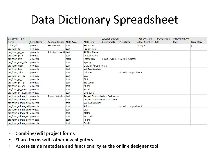 Data Dictionary Spreadsheet • Combine/edit project forms • Share forms with other investigators •
