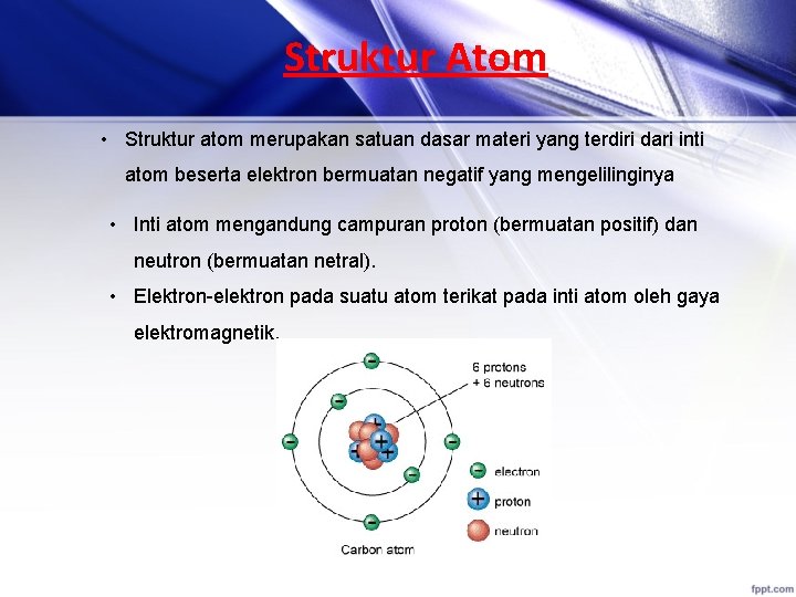 Struktur Atom • Struktur atom merupakan satuan dasar materi yang terdiri dari inti atom