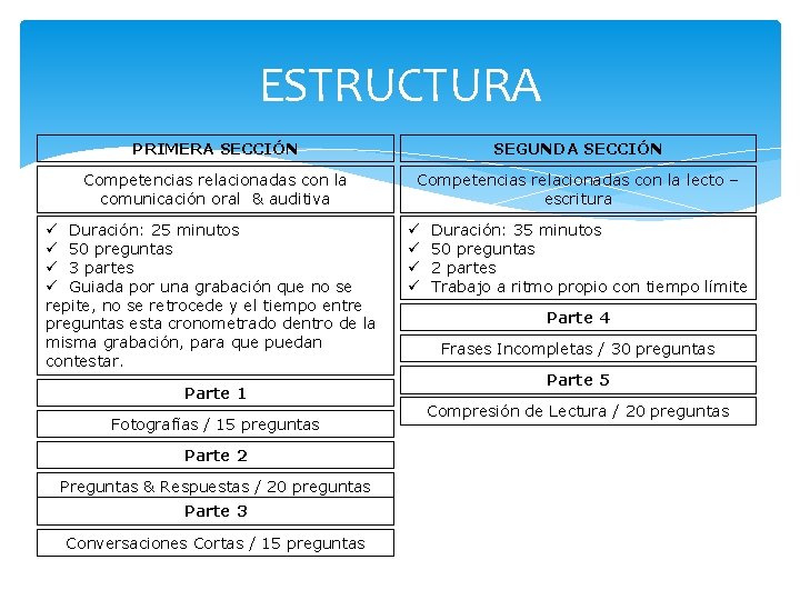 ESTRUCTURA PRIMERA SECCIÓN SEGUNDA SECCIÓN Competencias relacionadas con la comunicación oral & auditiva Competencias