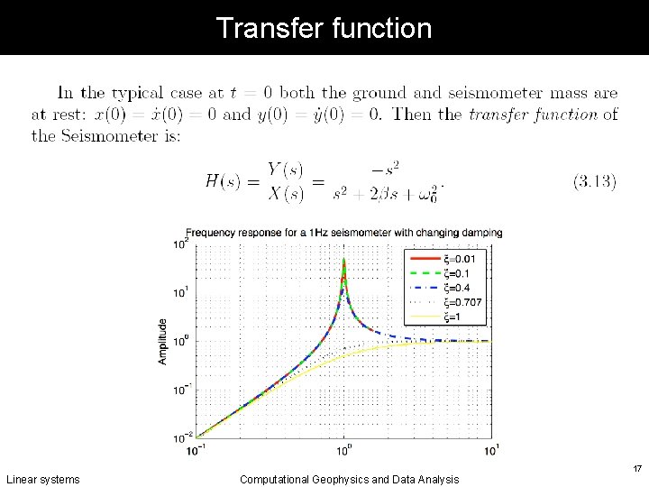 Transfer function Linear systems Computational Geophysics and Data Analysis 17 