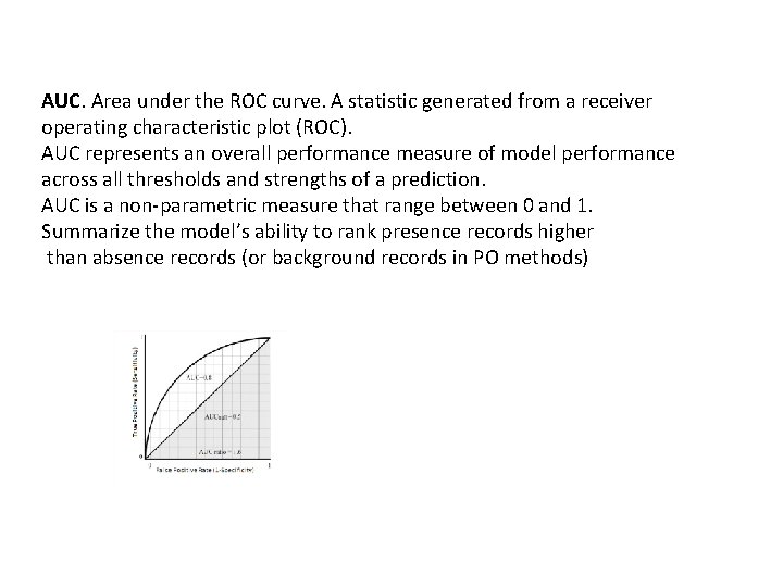 AUC. Area under the ROC curve. A statistic generated from a receiver operating characteristic