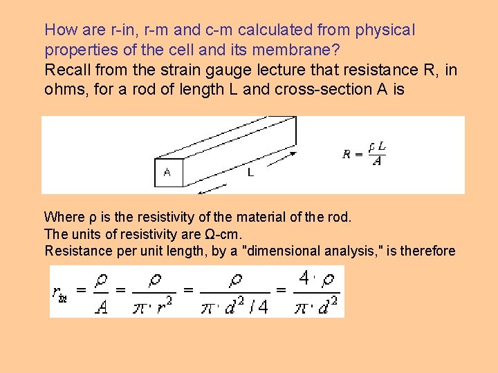 How are r-in, r-m and c-m calculated from physical properties of the cell and