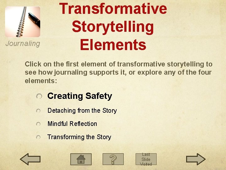 Journaling Transformative Storytelling Elements Click on the first element of transformative storytelling to see Journaling Transformative Storytelling Elements Click on the first element of transformative storytelling to see