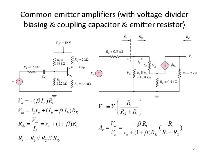 Common-emitter amplifiers (with voltage-divider biasing & coupling capacitor & emitter resistor) 24 