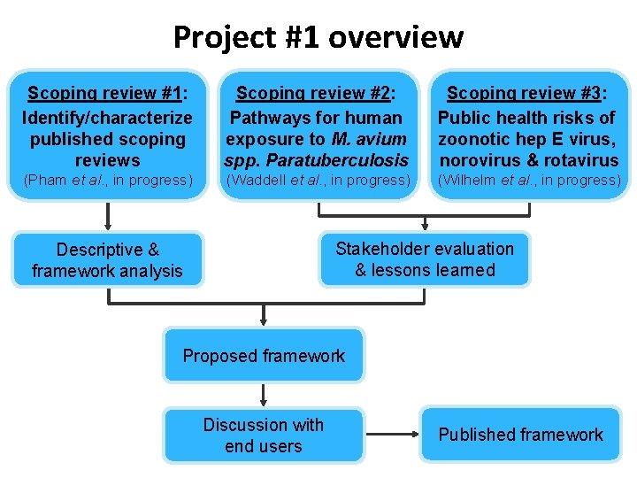 Project #1 overview Scoping review #1: Identify/characterize published scoping reviews Scoping review #2: Pathways