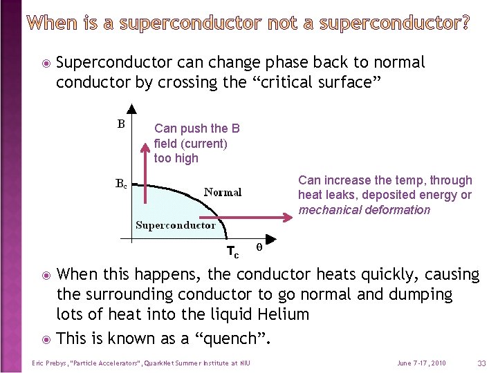  Superconductor can change phase back to normal conductor by crossing the “critical surface”