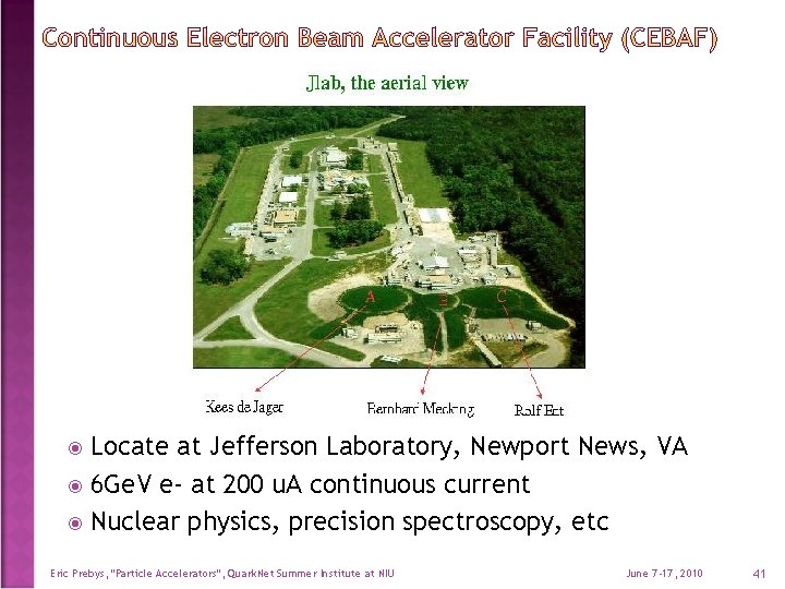 Locate at Jefferson Laboratory, Newport News, VA 6 Ge. V e- at 200 u.