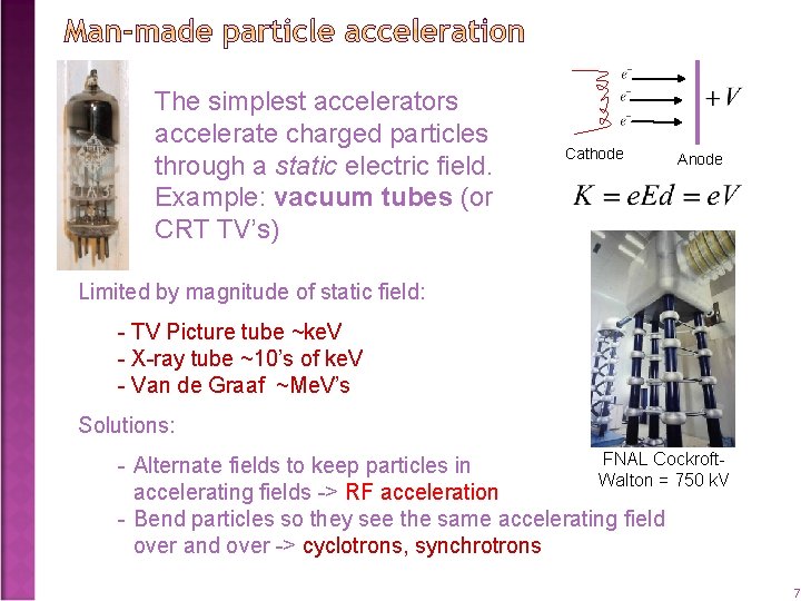 The simplest accelerators accelerate charged particles through a static electric field. Example: vacuum tubes