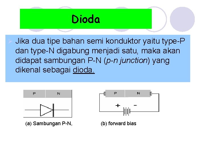 Dioda Ø Jika dua tipe bahan semi konduktor yaitu type-P dan type-N digabung menjadi