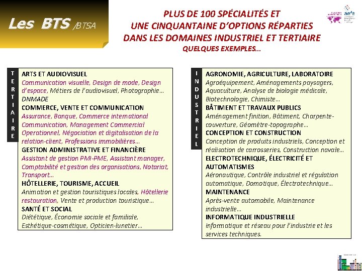 Les BTS /BTSA PLUS DE 100 SPÉCIALITÉS ET UNE CINQUANTAINE D’OPTIONS RÉPARTIES DANS LES