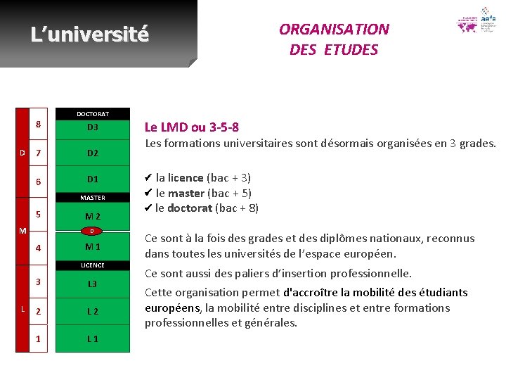 L’université 8 D DOCTORAT D 3 7 D 2 6 D 1 MASTER 5