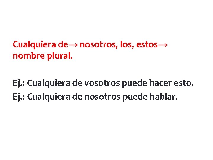 Cualquiera de→ nosotros, los, estos→ nombre plural. Ej. : Cualquiera de vosotros puede hacer