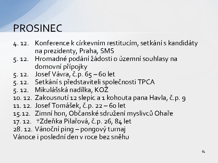 PROSINEC 4. 12. Konference k církevním restitucím, setkání s kandidáty na prezidenty, Praha, SMS