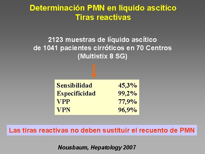 Determinación PMN en líquido ascítico Tiras reactivas 2123 muestras de líquido ascítico de 1041