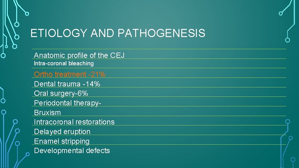 ETIOLOGY AND PATHOGENESIS Anatomic profile of the CEJ Intra-coronal bleaching Ortho treatment -21% Dental