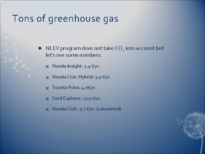 Tons of greenhouse gas NLEV program does not take CO 2 into account but