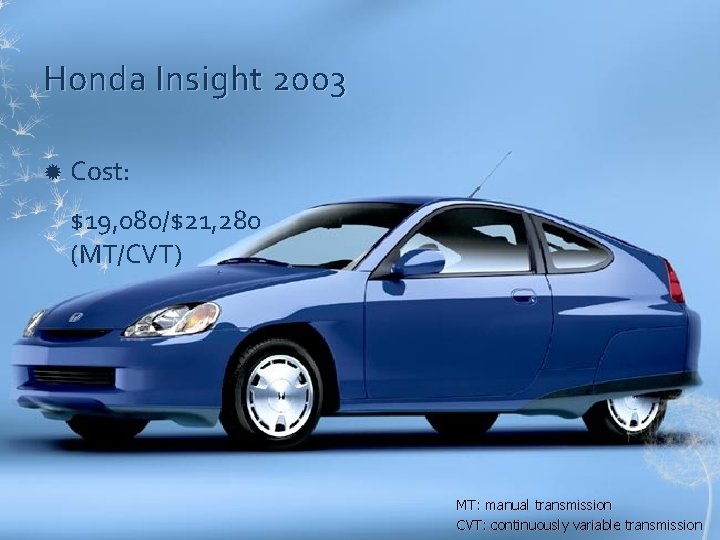 Honda Insight 2003 Cost: $19, 080/$21, 280 (MT/CVT) MT: manual transmission CVT: continuously variable