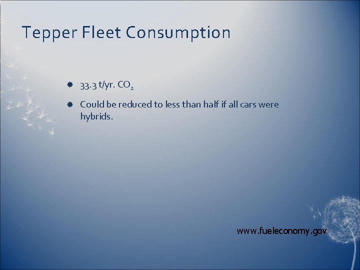 Tepper Fleet Consumption 33. 3 t/yr. CO 2 Could be reduced to less than