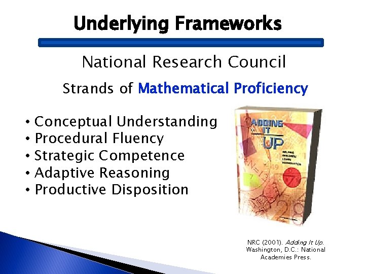 Underlying Frameworks National Research Council Strands of Mathematical Proficiency • • • Conceptual Understanding