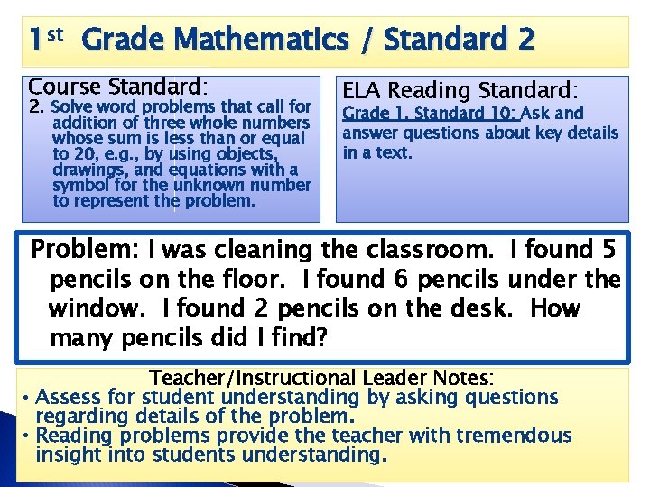 1 st Grade Mathematics / Standard 2 Course Standard: 2. Solve word problems that