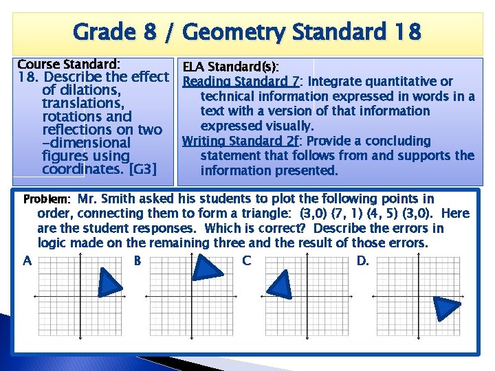 Grade 8 / Geometry Standard 18 Course Standard: 18. Describe the effect of dilations,
