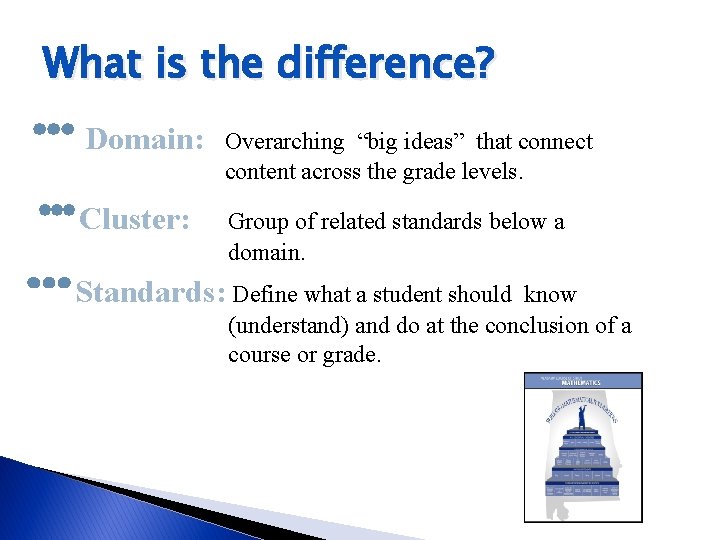 What is the difference? Domain: Overarching “big ideas” that connect content across the grade