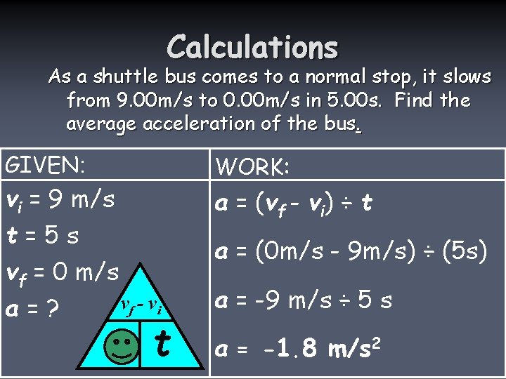 Calculations As a shuttle bus comes to a normal stop, it slows from 9.