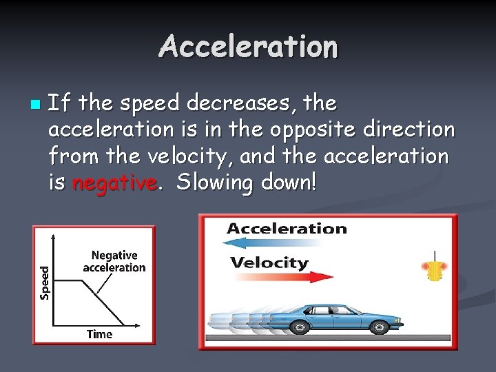 Acceleration n If the speed decreases, the acceleration is in the opposite direction from
