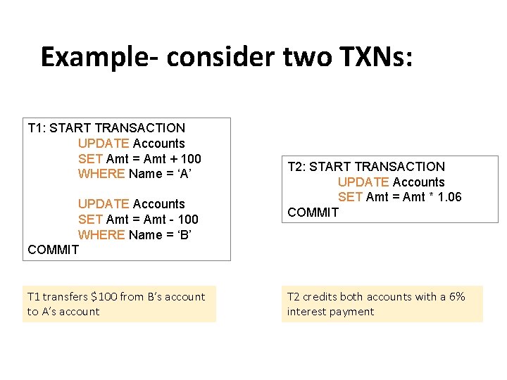 Example- consider two TXNs: T 1: START TRANSACTION UPDATE Accounts SET Amt = Amt